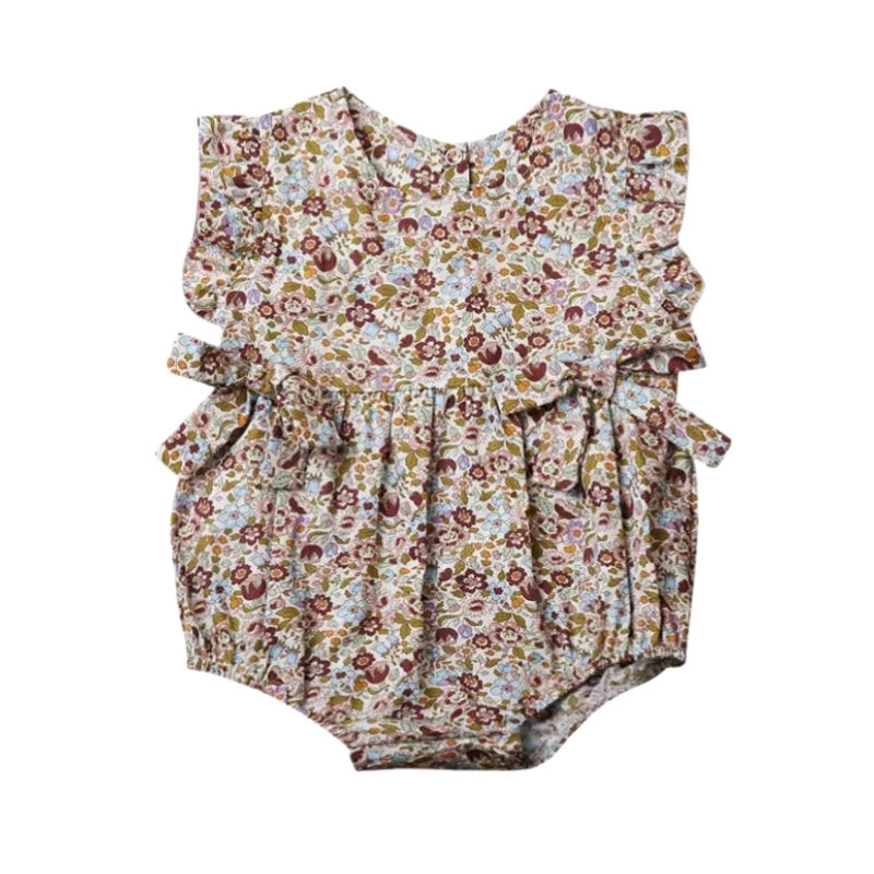 Toddler romper with soft printed flowers in brown and two front detail bows