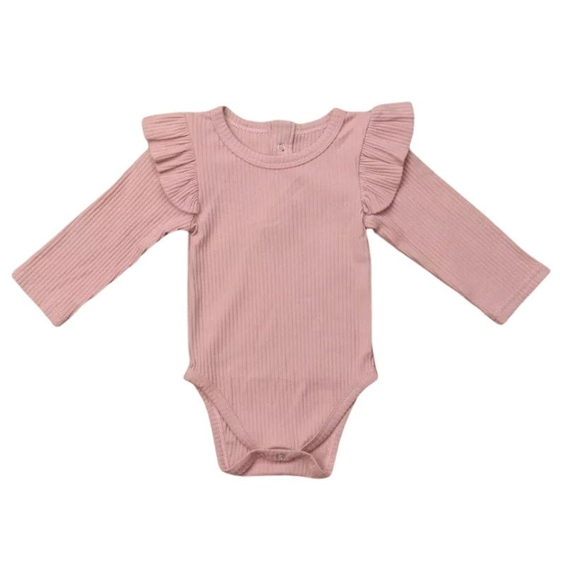 Toddler long sleeve bodysuit in blush color with ruffles on shoulder